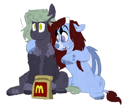 Size: 1515x1279 | Tagged: safe, artist:rockruffian, imported from derpibooru, oc, oc only, oc:kiyoshi, oc:maizzey starr, original species, duo, female, horn, male, mcdonald's, simple background, surprised