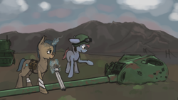 Size: 2158x1216 | Tagged: safe, artist:surcouff, imported from derpibooru, oc, oc only, fallout equestria, cloud, goggles, gun, magic, mountain, saddle bag, shotgun, tank (vehicle), wasteland, weapon