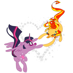 Size: 2000x2000 | Tagged: safe, artist:pizzakladd, imported from derpibooru, sunset shimmer, twilight sparkle, alicorn, blushing, crying, eyes closed, falling, female, heart, holding hooves, lesbian, shipping, simple background, smiling, stars, sunsetsparkle, tears of joy, transparent background, twilight sparkle (alicorn)