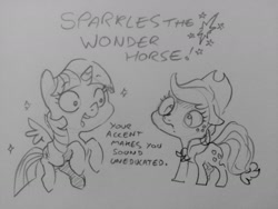 Size: 1280x960 | Tagged: safe, artist:dilarus, deleted from derpibooru, imported from derpibooru, applejack, twilight sparkle, twilight sparkle (alicorn), alicorn, earth pony, pony, sparkles! the wonder horse!, dialogue, discrimination, duo, female, mare, monochrome, pencil drawing, traditional art