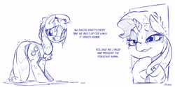 Size: 6000x3000 | Tagged: safe, artist:dilarus, deleted from derpibooru, imported from derpibooru, applejack, rarity, earth pony, pony, unicorn, blushing, dialogue, duo, female, freckles, implied lesbian, implied rarijack, implied shipping, lip bite, mare, monochrome, open mouth, plot, wet, wet mane