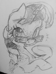 Size: 960x1280 | Tagged: safe, artist:dilarus, deleted from derpibooru, imported from derpibooru, oc, oc only, oc:twilight dapple, pony, blushing, cute, freckles, glasses, magical lesbian spawn, monochrome, offspring, parent:princess luna, parent:twilight sparkle, parents:twiluna, solo, traditional art