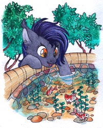 Size: 897x1117 | Tagged: safe, artist:red-watercolor, imported from derpibooru, oc, oc only, oc:dawn sentry, bat pony, fish, pony, cute, smiling, solo, traditional art, water, watercolor painting