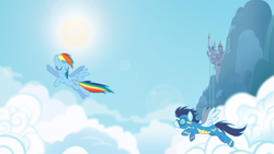 Size: 1920x1080 | Tagged: safe, artist:fongsaunder, artist:neodarkwing, artist:norfolk309, artist:qsteel, artist:sierraex, edit, imported from derpibooru, rainbow dash, soarin', pegasus, pony, canterlot castle, cloud, cloudy, eyes closed, female, male, mare, sky, stallion, sun, wallpaper, wallpaper edit