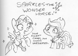 Size: 920x665 | Tagged: safe, artist:dilarus, deleted from derpibooru, imported from derpibooru, applejack, twilight sparkle, alicorn, earth pony, pony, sparkles! the wonder horse!, dialogue, duo, female, grayscale, mare, monochrome, pencil drawing, sparkles, subversive kawaii, traditional art, twilight sparkle (alicorn)