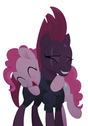 Size: 2144x3063 | Tagged: safe, artist:brisineo, imported from derpibooru, fizzlepop berrytwist, pinkie pie, tempest shadow, earth pony, pony, unicorn, my little pony: the movie, armor, broken horn, cute, diapinkes, duo, duo female, eye scar, eyes closed, female, hug, laughing, laughingmares.jpg, mare, open mouth, scar, simple background, smiling, tempestbetes, transparent background