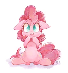 Size: 750x795 | Tagged: safe, artist:sibashen, imported from derpibooru, pinkie pie, both cutie marks, cute, diapinkes, female, floppy ears, looking at you, open mouth, ponk, simple background, smiling, solo, sweat, sweatdrop, white background