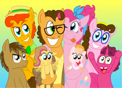 Size: 2001x1438 | Tagged: safe, artist:crazynutbob, imported from derpibooru, cheese sandwich, pinkie pie, oc, oc:berry blast, oc:cheesecake chase, oc:fudge fondue, oc:pizza pockets, oc:rocky road, oc:sugar surprise, pegasus, pony, unicorn, baby, baby pony, bandana, boater, bowtie, cheering, cheesepie, clothes, diaper, facial hair, family photo, female, flapping, foal, freckles, glasses, gradient background, headband, heartwarming in hindsight, jacket, male, next generation, offspring, older, parent:cheese sandwich, parent:pinkie pie, parents:cheesepie, screwdriver, shipping, straight, teething, tooth gap, toy