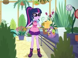 Size: 2048x1536 | Tagged: safe, imported from derpibooru, screencap, sci-twi, spike, spike the regular dog, twilight sparkle, dog, equestria girls, equestria girls series, my little shop of horrors, apron, boots, celestia's house, clothes, cute, flower, glasses, gloves, greenhouse, plant, plants, potted plant, shoes, spikabetes, twiabetes, watering can