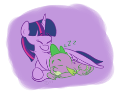 Size: 842x648 | Tagged: safe, artist:doodling-is-magic, imported from derpibooru, spike, twilight sparkle, alicorn, dragon, pony, baby, baby dragon, cute, duo, eyes closed, female, horn, male, mama twilight, mare, purple background, signature, simple background, sleeping, smiling, spikabetes, spikelove, spread wings, twiabetes, twilight sparkle (alicorn), wings, zzz