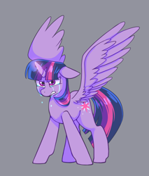 Size: 850x1000 | Tagged: safe, artist:fewderpewders, imported from derpibooru, twilight sparkle, alicorn, pony, angry, crying, ears back, female, floppy ears, glowing horn, gray background, gritted teeth, magic, mare, simple background, solo, spread wings, twilight sparkle (alicorn), wings