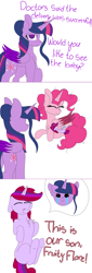 Size: 1280x3760 | Tagged: safe, artist:tomboygirl45, imported from derpibooru, pinkie pie, twilight sparkle, oc, oc:fruity flare, alicorn, pony, unicorn, princessponk, alicornified, ask, baby, baby pony, colored wings, colt, crying, female, lesbian, magical lesbian spawn, male, multicolored wings, offspring, parent:pinkie pie, parent:twilight sparkle, parents:twinkie, pinkiecorn, prone, race swap, shipping, tears of joy, tumblr, twilight sparkle (alicorn), twinkie, xk-class end-of-the-world scenario