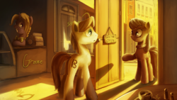 Size: 2880x1620 | Tagged: safe, artist:anticular, imported from derpibooru, octavia melody, oc, oc:salad sandwich, oc:sketchy sounds, earth pony, pony, unicorn, fanfic:sketchy salad symphony, cash register, doorway, eye contact, fanfic, fanfic art, female, looking at each other, male, mare, shop, stallion