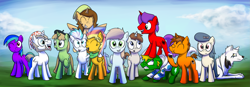 Size: 2563x890 | Tagged: safe, artist:anticular, imported from derpibooru, oc, oc only, oc:age, oc:anticular pony, oc:blindcoyote, oc:bolthedgie4706, oc:buttercheese, oc:lunchwere, oc:postcrusade, oc:sky paw, oc:tathers heart, oc:vetie, pony, female, group, male, mare, stallion