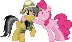 Size: 5141x3000 | Tagged: safe, artist:sollace, imported from derpibooru, daring do, pinkie pie, earth pony, pegasus, pony, daring done?, .svg available, clothes, cute, duo, eyes closed, female, grin, hat, mare, pith helmet, raised hoof, show accurate, side hug, simple background, smiling, transparent background, vector