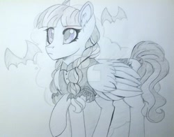 Size: 1024x804 | Tagged: safe, artist:evergreen-gemdust, imported from derpibooru, inky rose, pegasus, pony, honest apple, clothes, ear fluff, female, mare, raised hoof, solo, traditional art, watermark