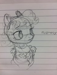 Size: 960x1280 | Tagged: safe, artist:dilarus, deleted from derpibooru, imported from derpibooru, oc, oc only, oc:rosemary, pony, bust, clothes, lined paper, monochrome, sketch, solo, traditional art