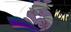 Size: 666x306 | Tagged: safe, artist:metal-kitty, imported from derpibooru, twilight sparkle, unicorn, blindfold, bondage, cloth gag, female, gag, onomatopoeia, solo, throwing, unsexy bondage