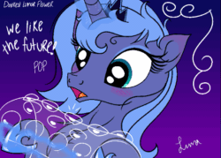 Size: 567x405 | Tagged: safe, artist:darkest-lunar-flower, imported from derpibooru, princess luna, alicorn, pony, animated, blushing, bubble wrap, chest fluff, cute, eyes on the prize, female, gradient background, heart, magic, mare, open mouth, s1 luna, silluna, silly, silly pony, solo, telekinesis, wide eyes