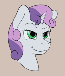 Size: 1881x2207 | Tagged: safe, artist:nudeknightart, imported from derpibooru, sweetie belle, pony, unicorn, brown background, bust, cocked eyebrow, female, filly, mare, simple background, smiling, smirk, smug, solo