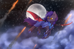 Size: 2400x1600 | Tagged: safe, artist:reysi, imported from derpibooru, oc, oc only, oc:dawn sentry, bat pony, pony, armor, bat pony oc, battlefield, claws, cloud, female, fire, flying, full moon, looking down, mare, metal claws, moon, night, night guard, solo, spread wings, stars, weapon, wings