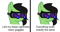 Size: 722x389 | Tagged: safe, imported from derpibooru, oc, oc only, oc:filly anon, female, filly, meme, nightmare vision goggles, simple background, solo, white background