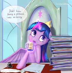 Size: 1024x1049 | Tagged: dead source, safe, artist:stratodraw, imported from derpibooru, twilight sparkle, alicorn, pony, crown, dialogue, female, glowing horn, jewelry, magic, mare, quill, regalia, solo, twilight sparkle (alicorn)