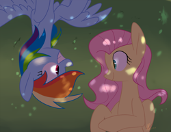 Size: 2597x2000 | Tagged: safe, artist:yaaaco, artist:yaco, imported from derpibooru, fluttershy, rainbow dash, pegasus, pony, dappled sunlight, eye contact, female, flutterdash, lesbian, looking at each other, lying down, mare, on back, shipping, smiling, spread wings, wings