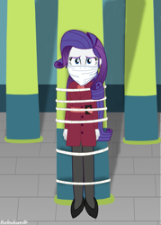 Size: 755x1057 | Tagged: safe, artist:robukun, imported from derpibooru, rarity, equestria girls, bondage, bound and gagged, cloth gag, gag, pole, pole tied, solo, tied up