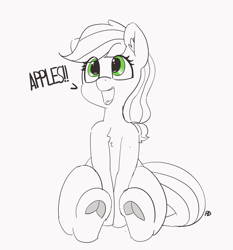 Size: 4246x4552 | Tagged: safe, artist:pabbley, imported from derpibooru, applejack, earth pony, pony, 30 minute art challenge, absurd resolution, apple, chest fluff, clothes, cute, dialogue, ear fluff, female, food, jackabetes, mare, open mouth, partial color, simple background, sitting, smiling, solo, that pony sure does love apples, underhoof