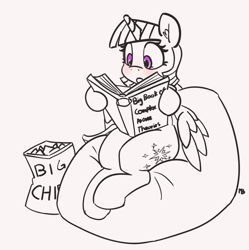 Size: 1196x1200 | Tagged: safe, artist:pabbley, imported from derpibooru, twilight sparkle, alicorn, pony, 30 minute art challenge, blushing, book, chips, cute, female, food, mare, nerdgasm, partial color, reading, twiabetes, twilight sparkle (alicorn)