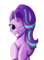 Size: 2003x2723 | Tagged: safe, alternate version, artist:lunar froxy, imported from derpibooru, starlight glimmer, female, one eye closed, simple background, smiling, solo, white background, wink