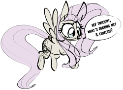 Size: 1774x1307 | Tagged: safe, artist:hattsy, imported from derpibooru, fluttershy, pegasus, pony, dialogue, discorded, female, flutterbitch, flying, long tail, mare, open mouth, simple background, sketch, smiling, smirk, solo, spread wings, white background, wings