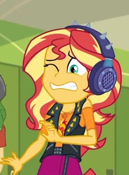 Size: 534x720 | Tagged: safe, imported from derpibooru, screencap, sandalwood, sunset shimmer, equestria girls, equestria girls series, overpowered (equestria girls), cropped, female, geode of empathy, headphones, magical geodes, solo