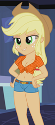 Size: 420x950 | Tagged: safe, edit, edited screencap, editor:ah96, imported from derpibooru, screencap, applejack, equestria girls, guitar centered, rainbow rocks, applejack's hat, belly button, breast edit, breasts, busty applejack, cleavage, clothes, cowboy hat, cropped, female, front knot midriff, hat, lip bite, midriff, shorts, solo, stetson