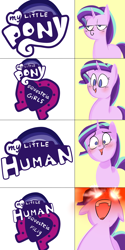 Size: 1500x3000 | Tagged: safe, artist:zouyugi, edit, imported from derpibooru, starlight glimmer, pony, unicorn, equestria girls, :t, blushing, comic, cute, equestria girls logo, exploitable meme, faic, fangirl, female, glimmerbetes, glowing eyes, glowing eyes meme, happy, humie, in-universe pegasister, lidded eyes, logo, logo edit, mare, meme, misspelling, my little human, my little pony logo, my little x, open mouth, red eyes, role reversal, satisfying, simple background, smiling, smirk, solo, story in the comments, wat, wide eyes