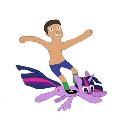 Size: 900x900 | Tagged: safe, artist:twilightrider, deleted from derpibooru, imported from derpibooru, twilight sparkle, oc, oc:hoonduch, alicorn, human, pony, 1000 hours in ms paint, carrying, clothes, couple, female, flying, fun, happy, human male, humans riding ponies, love, male, mare, partial nudity, quality, riding, romantic, self insert, shipping, standing, surfing, topless, true love, twilight sparkle (alicorn), wind