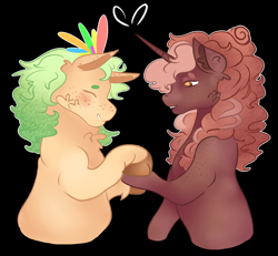 Size: 5648x5228 | Tagged: safe, artist:bewarethemusicman, imported from derpibooru, oc, oc only, oc:caramel creme, oc:rain dancer, earth pony, pony, unicorn, absurd resolution, blushing, cloven hooves, female, freckles, lesbian, unshorn fetlocks