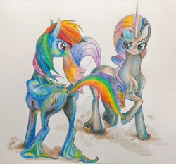 Size: 900x837 | Tagged: safe, artist:shotsyshotsy, imported from derpibooru, rainbow dash, rarity, pony, butt, plot, traditional art, unshorn fetlocks, watermark