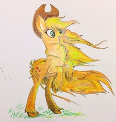 Size: 800x849 | Tagged: safe, artist:shotsyshotsy, imported from derpibooru, applejack, pony, female, rearing, solo, traditional art, watermark