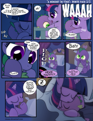 Size: 1275x1650 | Tagged: safe, artist:dsana, imported from derpibooru, spike, twilight sparkle, alicorn, dragon, pony, comic:a moment in time, baby, baby spike, comic, crying, cute, daaaaaaaaaaaw, dsana is trying to murder us, female, heart, hnnng, hug, mama twilight, mare, sleeping, spikabetes, spikelove, time travel, twiabetes, weapons-grade cute, z