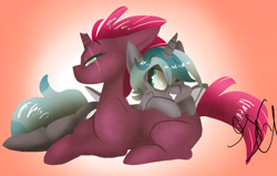 Size: 5576x3552 | Tagged: dead source, safe, artist:shellielle, imported from derpibooru, fizzlepop berrytwist, tempest shadow, oc, oc:elizabat stormfeather, alicorn, bat pony, bat pony alicorn, pony, unicorn, my little pony: the movie, alicorn oc, broken horn, canon x oc, commission, cute, eye scar, female, lesbian, mare, one eye closed, scar, scar on the wrong side, shipping, signature, stormshadow, wink, ych result