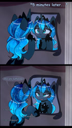 Size: 1280x2293 | Tagged: safe, artist:magnaluna, imported from derpibooru, princess luna, alicorn, pony, blushing, column, comic, crown, cute, dialogue, female, jewelry, luna-darkesthours, lunabetes, mare, mirror, open mouth, regalia, smiling, solo, stats, talking