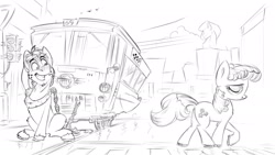 Size: 1920x1080 | Tagged: safe, artist:v747, imported from derpibooru, big macintosh, cheerilee, earth pony, pony, city, eyes closed, female, head scratch, male, mare, stallion, street, traffic light, tram