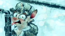 Size: 1920x1080 | Tagged: safe, artist:v747, imported from derpibooru, oc, oc only, oc:snow maiden, hat, looking at you, solo, tongue stuck to pole, ushanka, winter