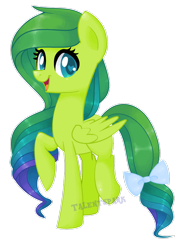 Size: 1024x1393 | Tagged: safe, artist:talentspark, imported from derpibooru, oc, oc only, oc:talent spark, pegasus, pony, bow, female, green coat, mare, multicolored hair, multicolored mane, multicolored tail, signature, simple background, solo, tail bow, transparent background