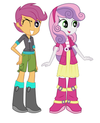 Size: 1311x1622 | Tagged: safe, artist:eduardonunes109, imported from derpibooru, scootaloo, sweetie belle, equestria girls, boots, clothes, cute, diasweetes, duo, female, hoodie, one eye closed, open mouth, shoes, short pants, shorts, simple background, skirt, transparent background, wink