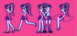 Size: 2088x980 | Tagged: safe, artist:eduardonunes109, imported from derpibooru, sci-twi, twilight sparkle, equestria girls, bowtie, clothes, glasses, leg warmers, mary janes, multeity, one eye closed, self paradox, shoes, twilight sparkle (alicorn), twolight, wink