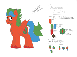 Size: 2091x1555 | Tagged: safe, artist:summerium, imported from derpibooru, oc, oc only, oc:summer lights, pegasus, pony, chest fluff, glasses, male, mixed art, reference sheet, solo, spanish, stallion, text, unshorn fetlocks