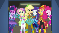 Size: 1280x720 | Tagged: safe, imported from derpibooru, screencap, applejack, fluttershy, pinkie pie, rarity, sci-twi, sunset shimmer, twilight sparkle, equestria girls, equestria girls series, super squad goals, boots, clothes, cowboy boots, crystal guardian, crystal wings, female, high heel boots, museum, ponied up, shoes, visor, wings